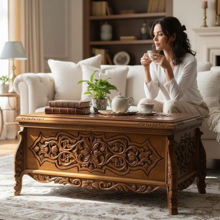 Hand-carved walnut wood coffee table chest for living room, turkish traditional bedside bride chest & box by decoor with mee