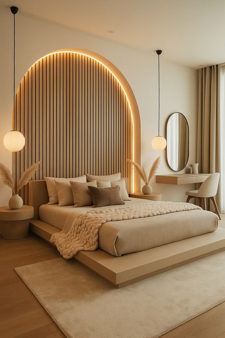 Home natural oak wood slat wall panels warm & quiet bedroom design