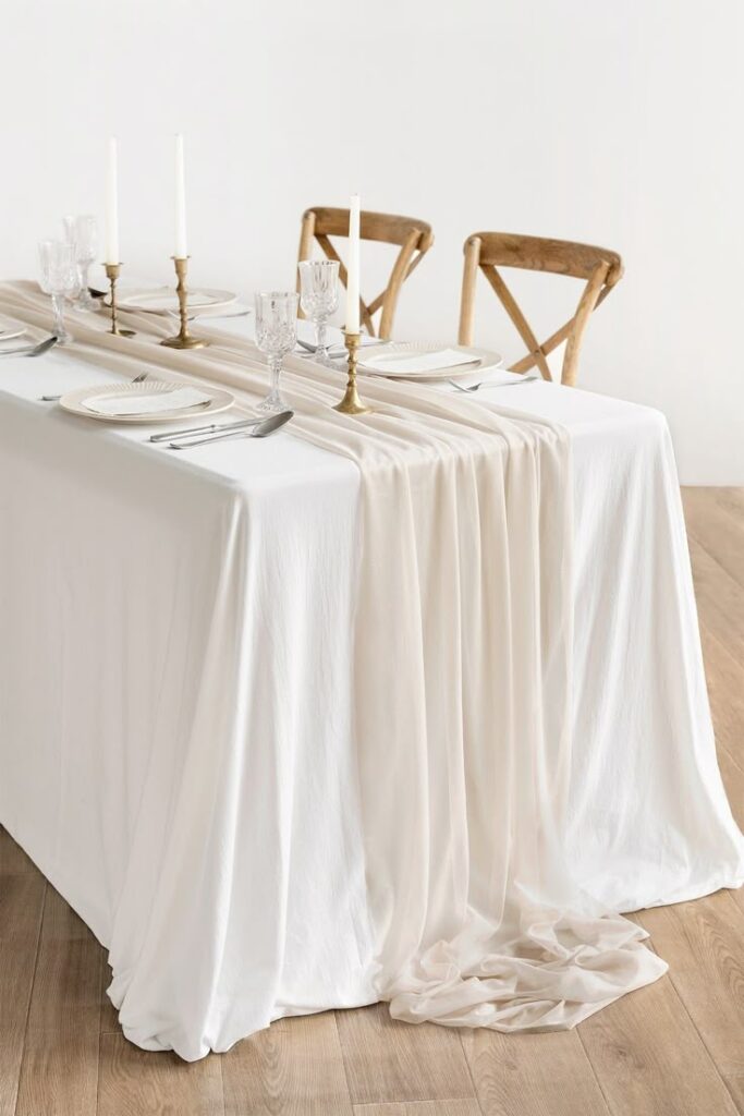 Wedding Decor Ideas That Look Luxurious on a Budget neutral chiffon table runners in bulk. by decoor with mee