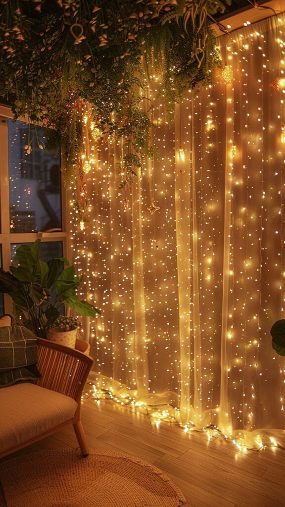 Wedding Decor Ideas That Look Luxurious on a Budget white sheer curtain panels and warm white string lights. by decoor with mee