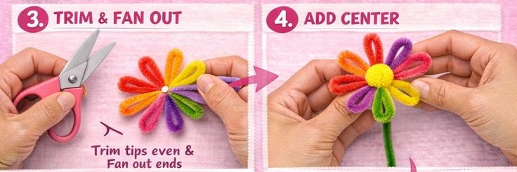 DIY Pipe Cleaner Flowers for Home Decor, Gifts & Weddings pipe cleaner flower step by step making step 3,4