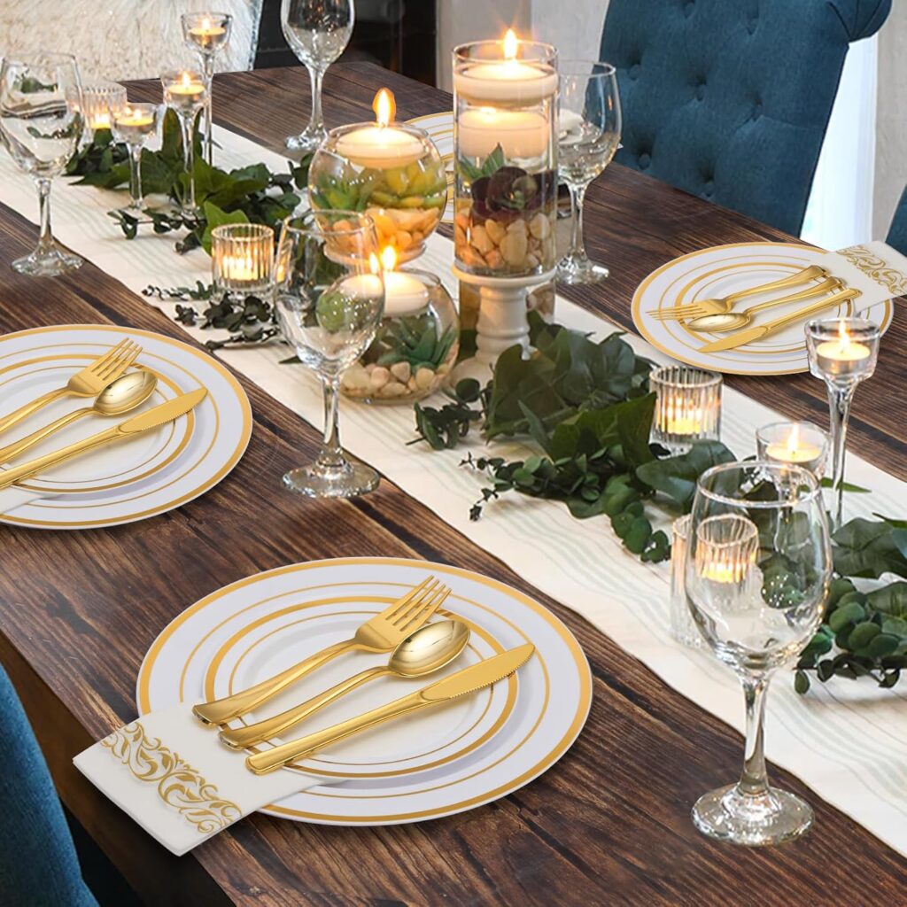 Fresh Off the Market Bridal Shower Theme: 17 Chic Decor Ideas Brides Will Love gold disposable dinnerware sets. by decoor with mee